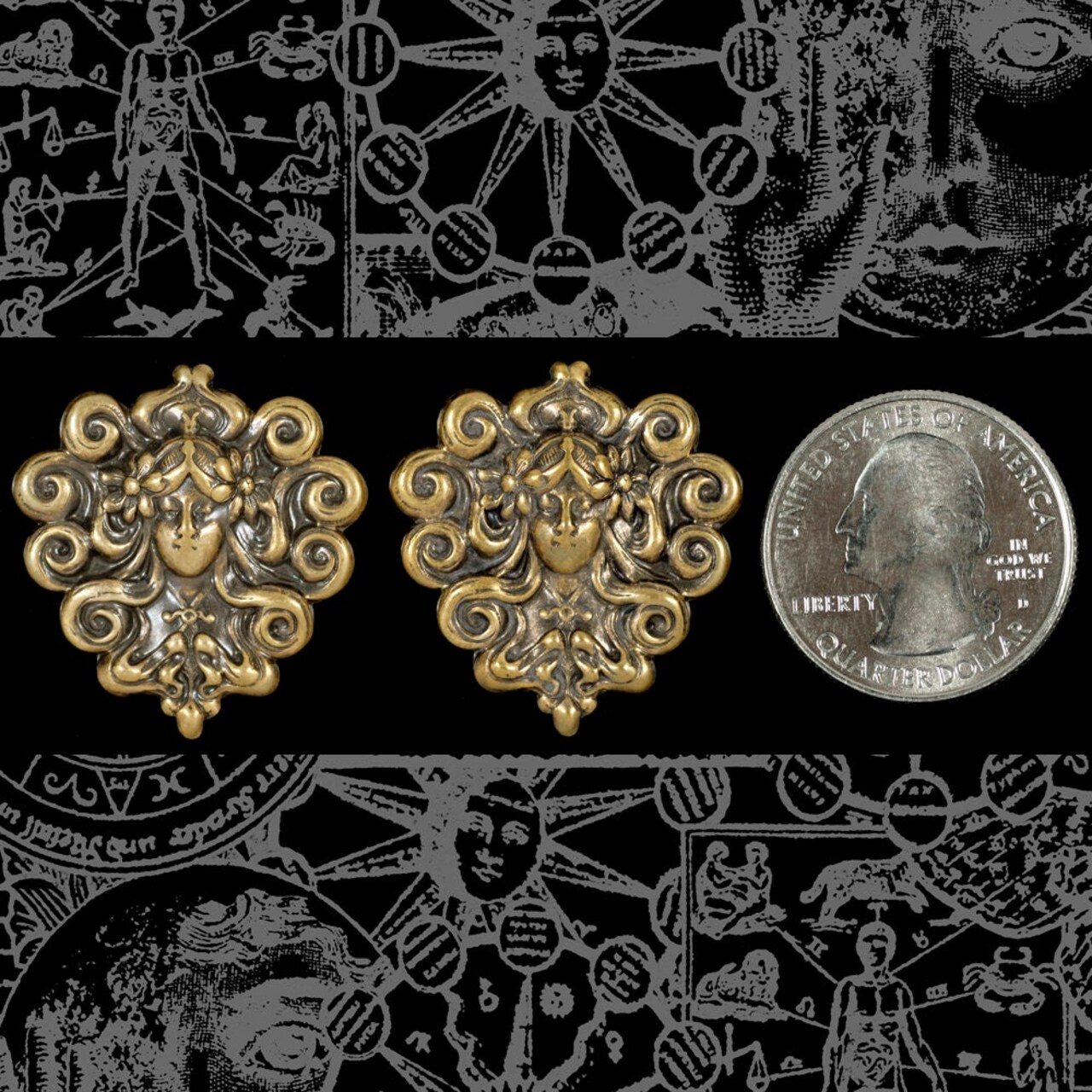 Antiqued Brass Vintage Goddess with Flying Hair Pendants - Set of Two - AB-P49